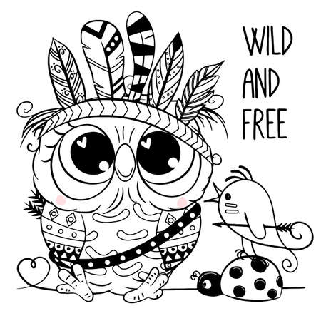 Cute Cartoon Owl with feathers outlined for coloring book isolated on a white backgroundのイラスト素材