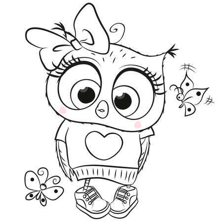 Cute Cartoon Owl with butterlies outlined for coloring book isolated on a white backgroundのイラスト素材