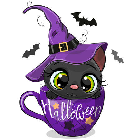 Cute Cartoon Kitten in a witch hat is sitting in a Cup of coffeeのイラスト素材
