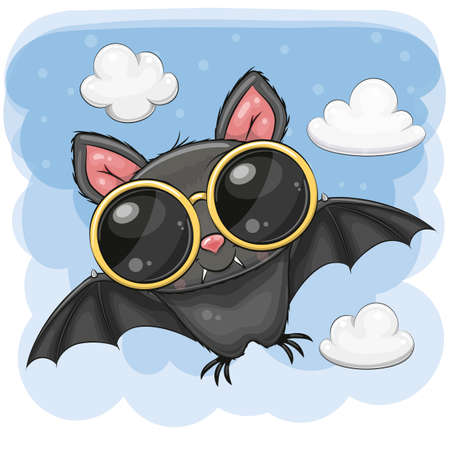 Cute Cartoon Bat with sun glasses on the clouds backgroundのイラスト素材