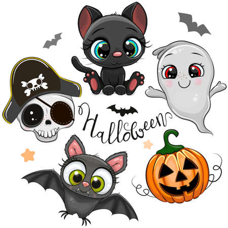 Set of Cute Halloween illustrations and design elements with batl, black cat and goatのイラスト素材
