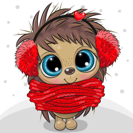 Cute Cartoon Hedgehog in fur headphones and scarfのイラスト素材