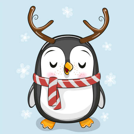 Vector illustration Cute cartoon Penguin with scarf and Antlersのイラスト素材