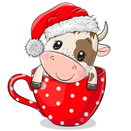 Cute Cartoon Bull in a Santa hat is sitting in a Cupのイラスト素材