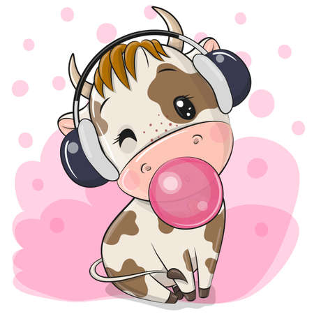 Cute cartoon Bull with headphones and bubblegum on a pink backgroundのイラスト素材