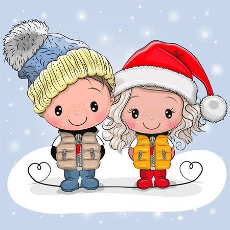 Cute winter illustration Cute Boy and Girl in hats and coatsのイラスト素材