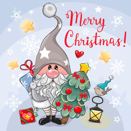 Cute Cartoon Gnome with christmas tree on a blue backgroundのイラスト素材