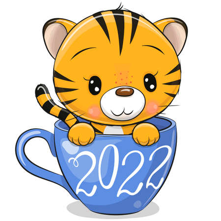 Cute Cartoon Tiger is sitting in a blue Cupのイラスト素材