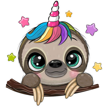 Cute Cartoon Sloth with Unicorn Horn a whiteのイラスト素材