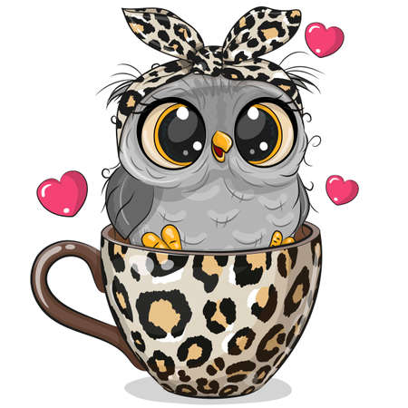 Cute Cartoon owl with a bow is sitting in a Cupのイラスト素材