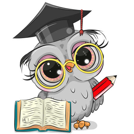 Cute Clever owl with pencil, book and in graduation capのイラスト素材