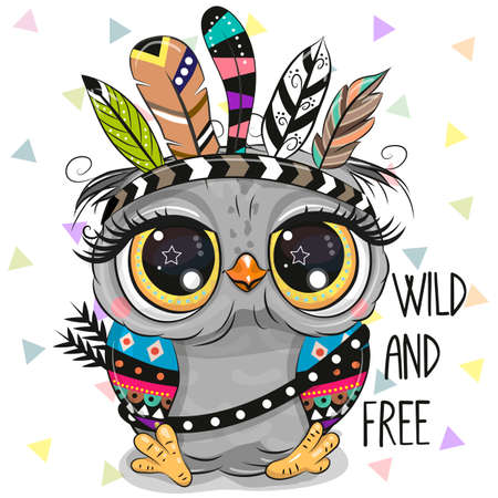 Cute Cartoon tribal Owl with feathers on a white backgroundのイラスト素材