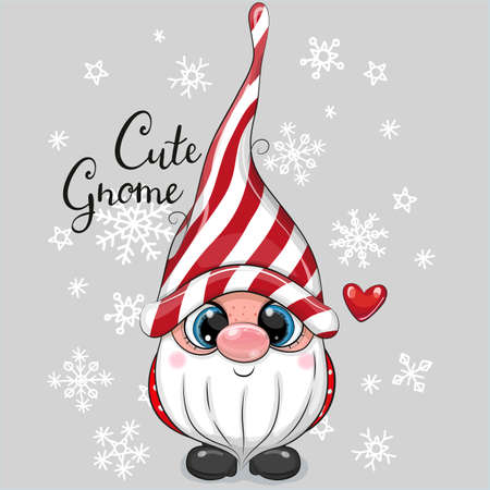 Greeting Christmas card Cute Cartoon Gnome on a gray backgroundのイラスト素材