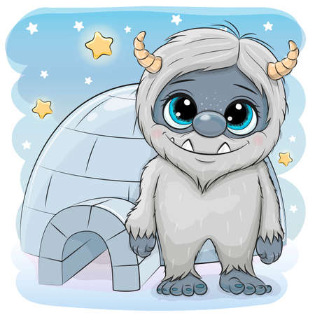 Cute Cartoon Yeti stands near the iglooのイラスト素材