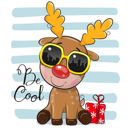 Cool Cartoon Deer with yellow sun glasses on striped backgroundのイラスト素材