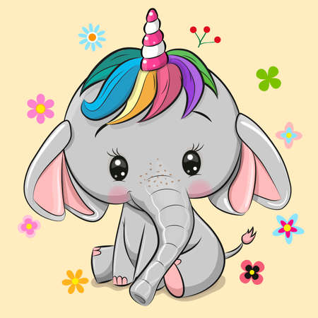 Cute Cartoon Elephant with horn on a yellow backgroundのイラスト素材