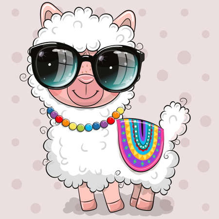 Cute Cartoon Alpaca in sunglasses on a dots backgroundのイラスト素材