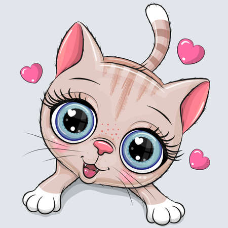 Drawing Cute Cartoon Kitten on a blue backgroundのイラスト素材