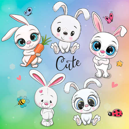 Set of Cute Cartoon White Rabbits isolated on a rainbow backgroundのイラスト素材