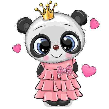 Cute Cartoon Panda Princess in a pink dress with hearts on a white backgroundのイラスト素材