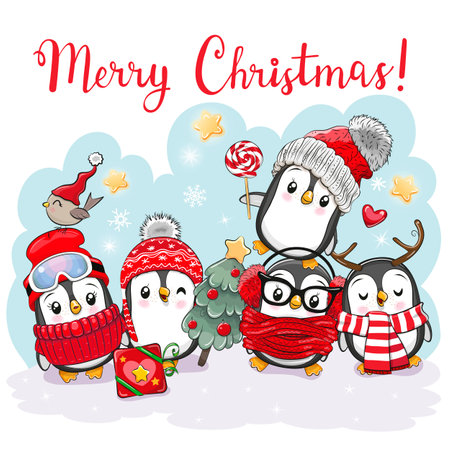 Greeting card Cute cartoon Christmas Penguinsのイラスト素材