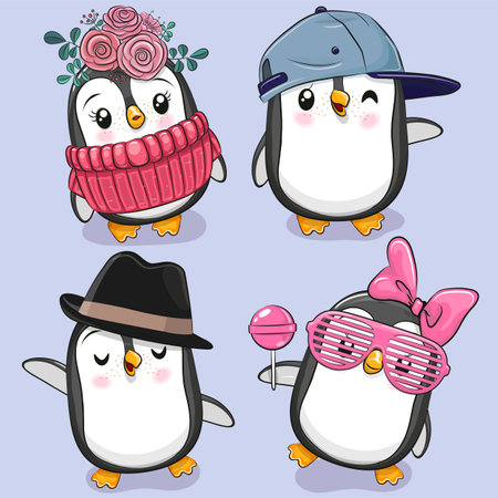 Set of cute cartoon Penguins on a blue backgroundのイラスト素材