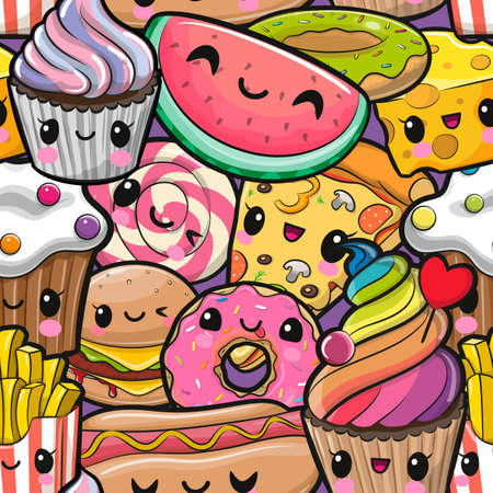 Cute Cartoon Seamless Pattern with fast foodのイラスト素材