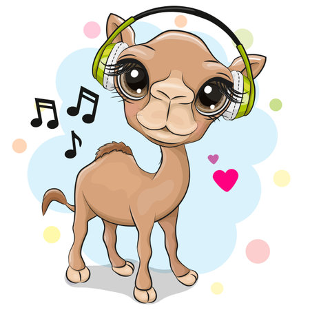 Cute Funny camel with headphones on a blue backgroundのイラスト素材