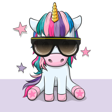 Cute Cartoon Cool unicorn with sun glassesのイラスト素材