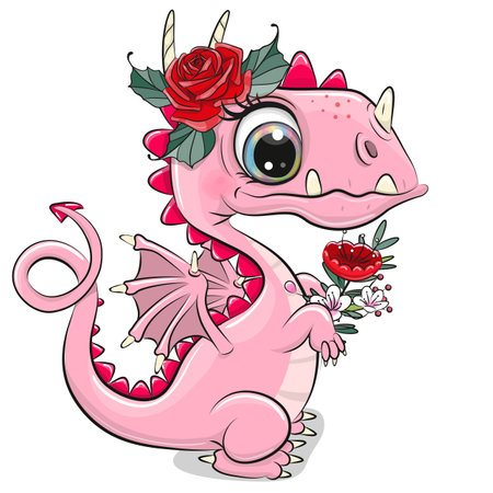 Cute Cartoon Dragon with flower isolated on a white backgroundのイラスト素材