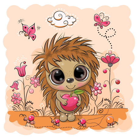 Cute Cartoon Hedgehog on a meadow with flowers and butterfliesのイラスト素材