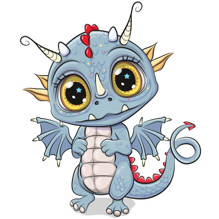 Cute Cartoon Blue Baby Dragon isolated on a white backgroundのイラスト素材