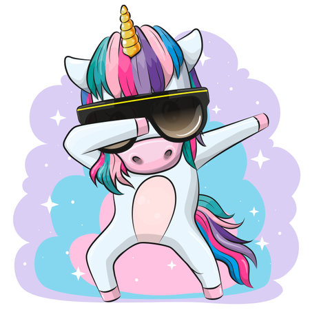 Cute cartoon dancing Unicorn in sunglasses on a purple backgroundの素材 [FY310203855774]