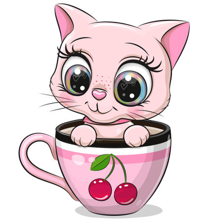 Cute Cartoon Pink kitten is sitting in a Cup with cherry printのイラスト素材