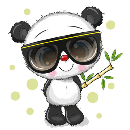 Cute Cartoon Panda in glasses with bamboo isolated on a white backgroundのイラスト素材