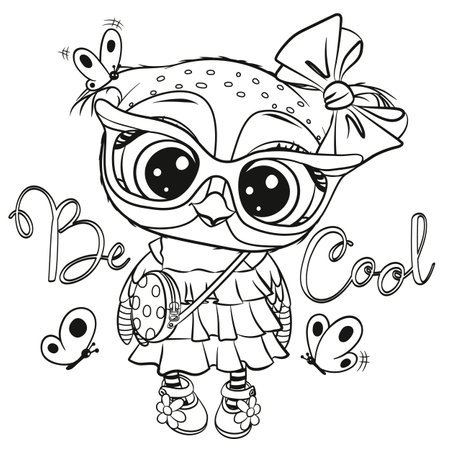 Cute Cartoon Owl with butterflies outlined for coloring book isolated on a white backgroundのイラスト素材