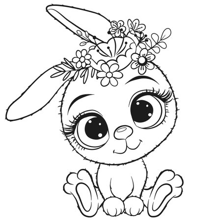 Coloring Page Cute Rabbit with flowers isolated on a white backgroundのイラスト素材