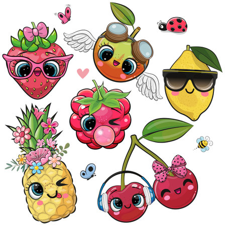 Set of Cute Cartoon Fruits isolated on a white backgroundのイラスト素材