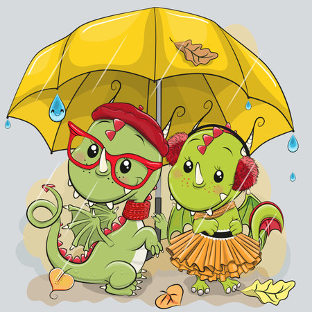 Cute cartoon Dragons boy and girl with yellow umbrella under the rainのイラスト素材