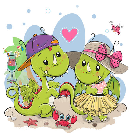 Two Cute Cartoon Dragons Boy and Girl on the beachのイラスト素材