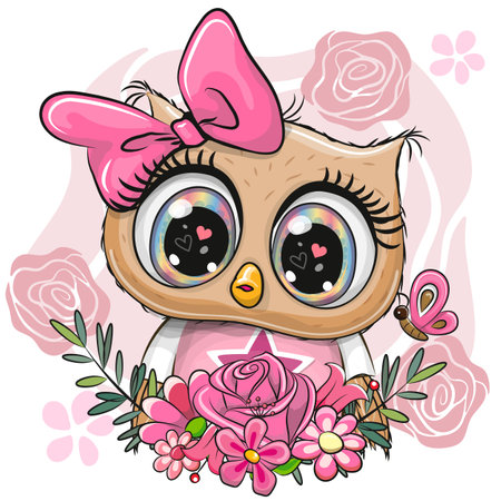 Cute Cartoon Owl with flowers on a white backgroundのイラスト素材