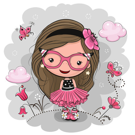 Cute Cartoon Girl with butterflies on the meadowのイラスト素材