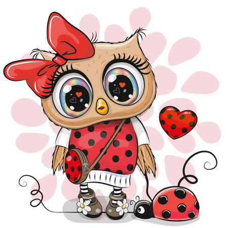 Cartoon Cute Owl girl in a ladybug costume and ladybugのイラスト素材