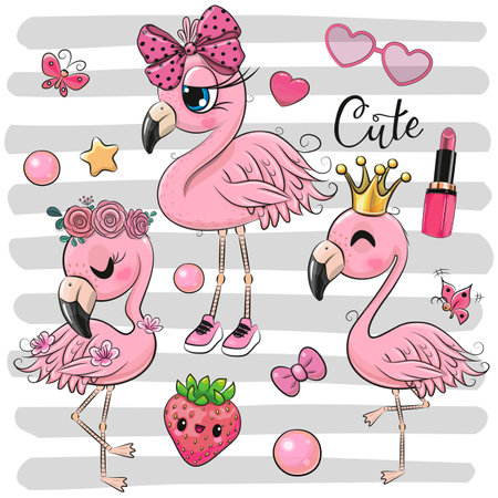 Set of three cute cartoon flamingos on a striped backgroundのイラスト素材