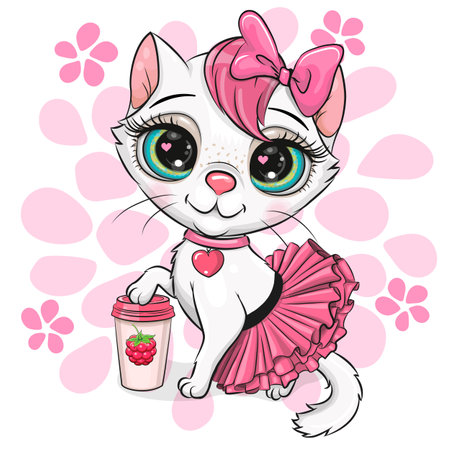Cute Cartoon White Kitty in a pink skirt with a milkshakeのイラスト素材
