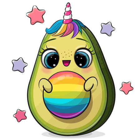 Cute Cartoon Unicorn Avocado with rainbow bone isolated on a white backgroundのイラスト素材