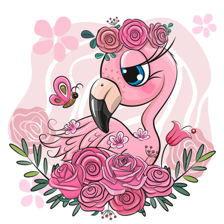 Cute Cartoon Flamingo with flowers on a pink backgroundのイラスト素材