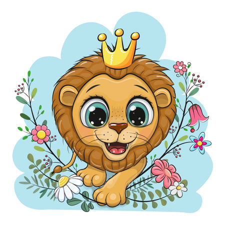 Greeting card cute cartoon Lion in the crown with flowersのイラスト素材