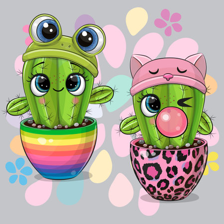 Two Cute Cartoon Cacti in frog and cat hatのイラスト素材