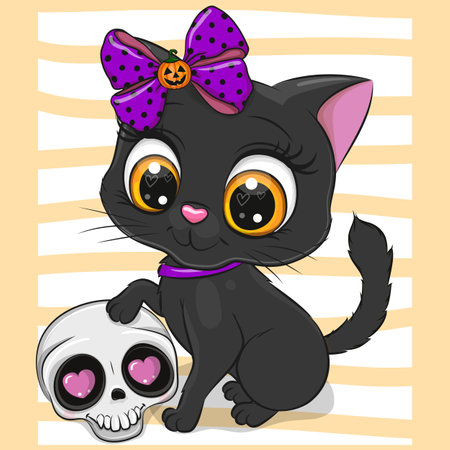 Cute Halloween illustration of Cartoon Black cat with skull and bowのイラスト素材